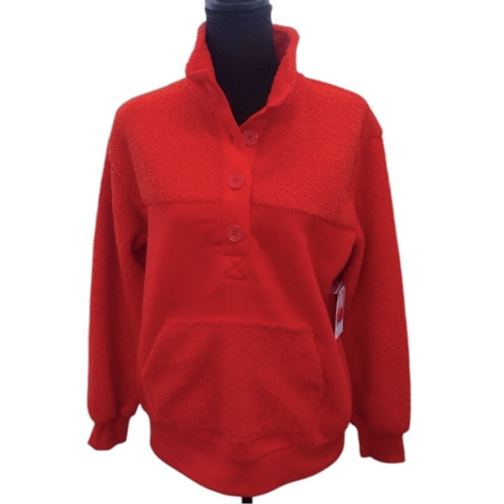 TIME and TRU Red Christmas Pullover Quarter Button Womens Sz Small Holiday Mock